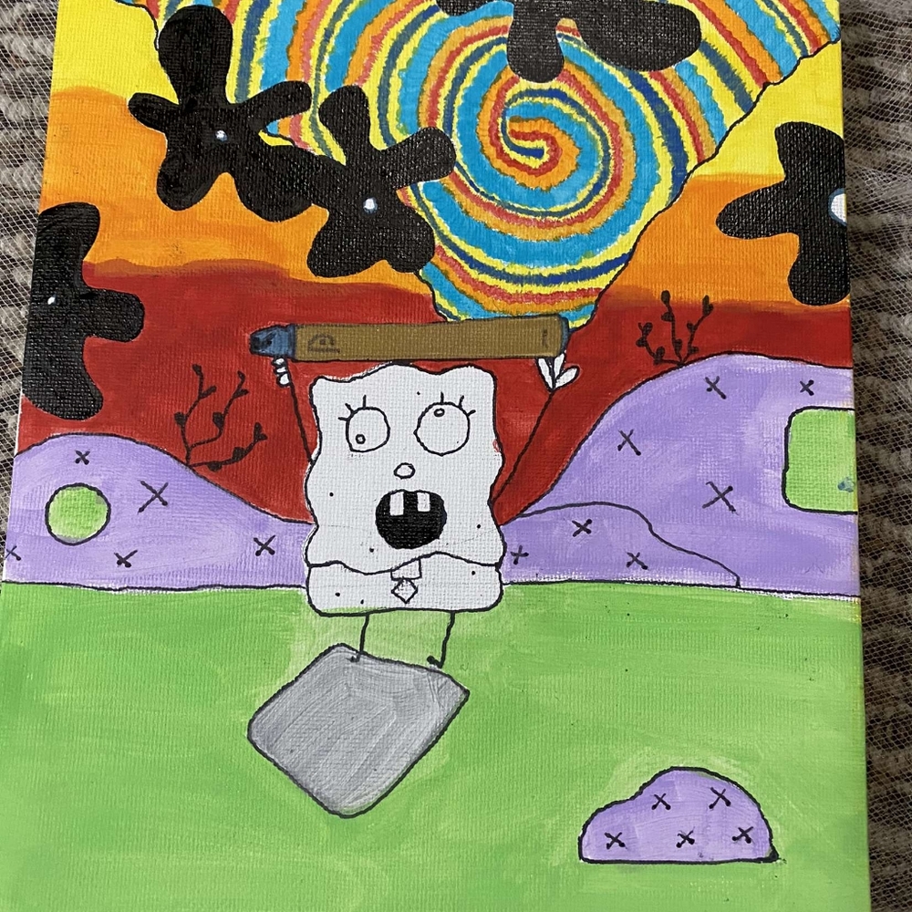 2/$20 Doodlebob holding peach posh painting